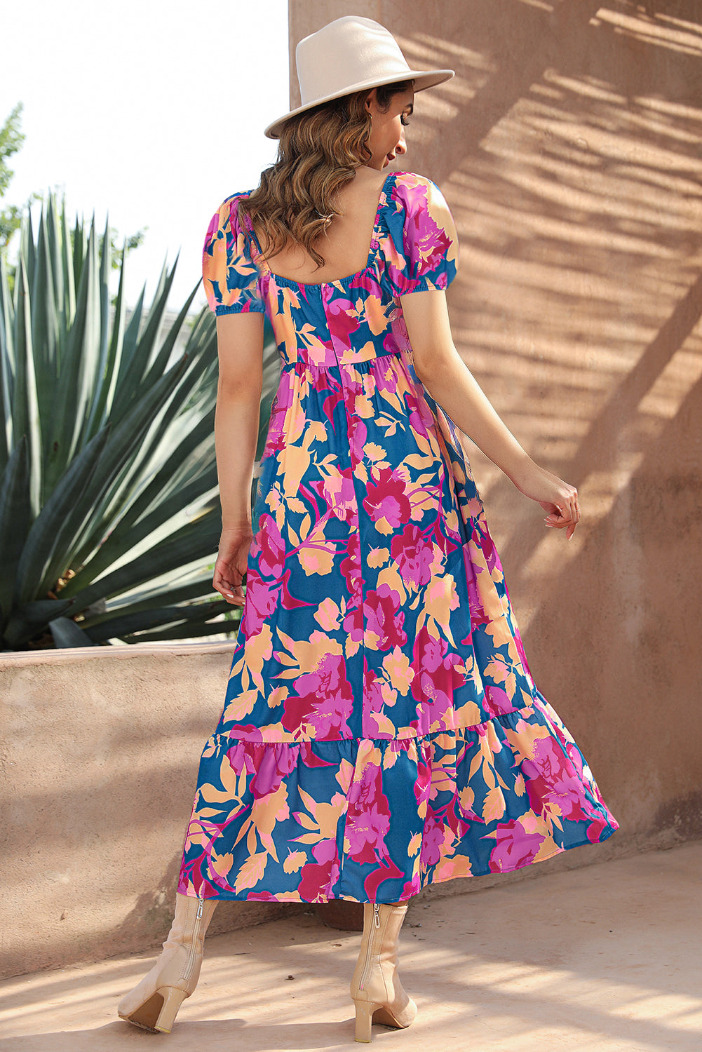 Dark Blue Square Neck Bubble Sleeve Ruffled Floral Dress