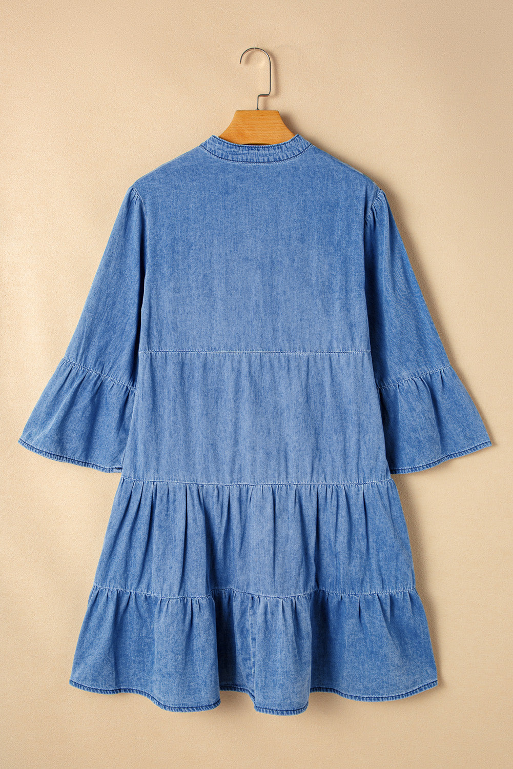 Sky Blue Chambray Ruffled 3/4 Sleeve Tiered Split V Neck Mini Dress